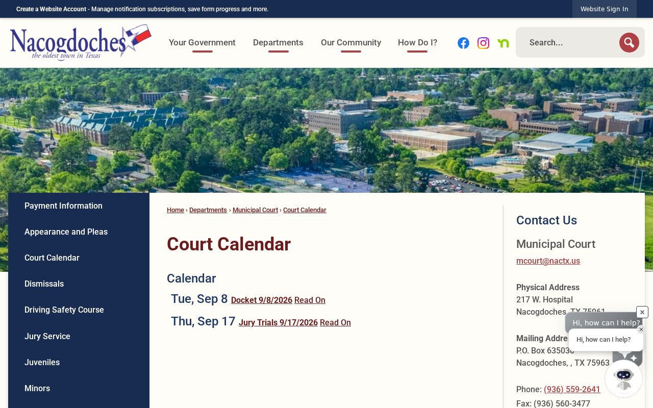Nacogdoches court records calendar with docket and trial events